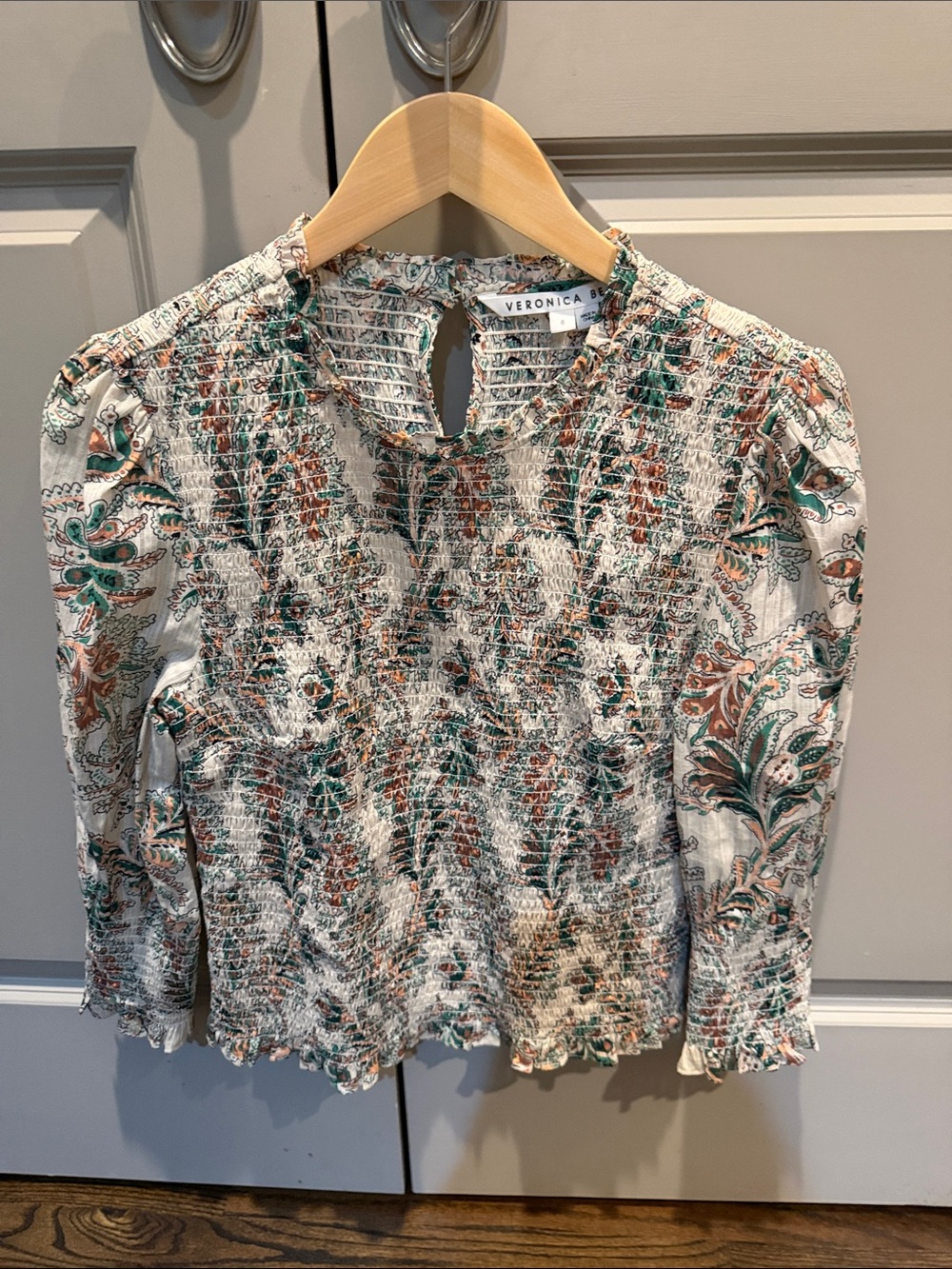 Veronica Beard Cream Floral Smocked Blouse with Green and Rust